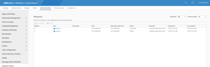 vRA 7.5 Request History