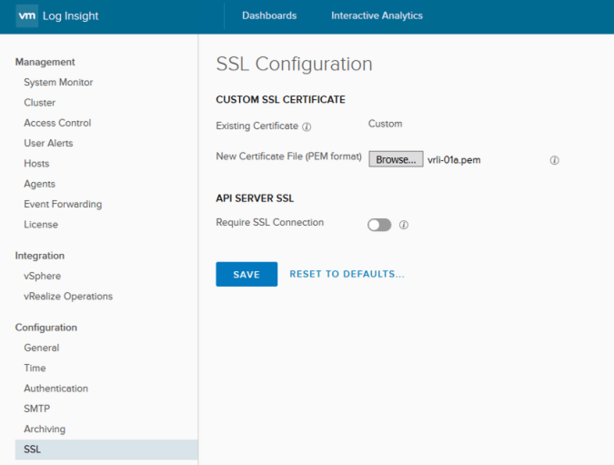 log insight certificate upload