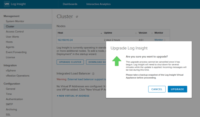 log insight upgrade cluster