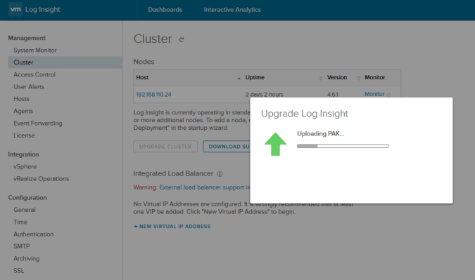 log insight upgrade cluster pak